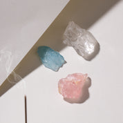 Healing trio of clear quartz, rose quartz, and aquamarine in Emotional Nest Grid, supporting emotional balance, softness, and self-expression