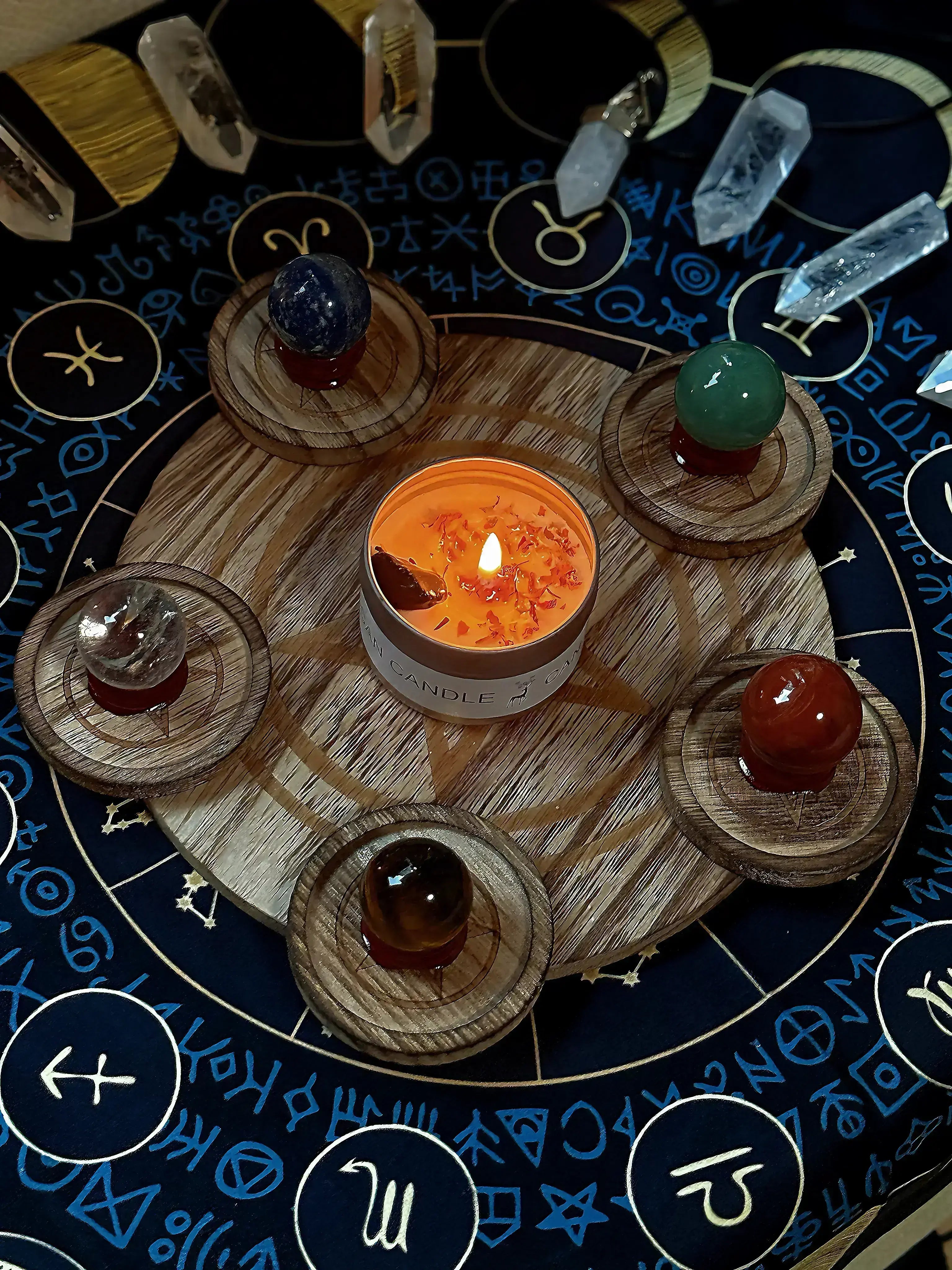 Five Elements Crystal Candle Holder Set | Wooden Candle Holders with Healing Crystals for Feng Shui Energy Balance, Meditation Decor & Spiritual Gifts