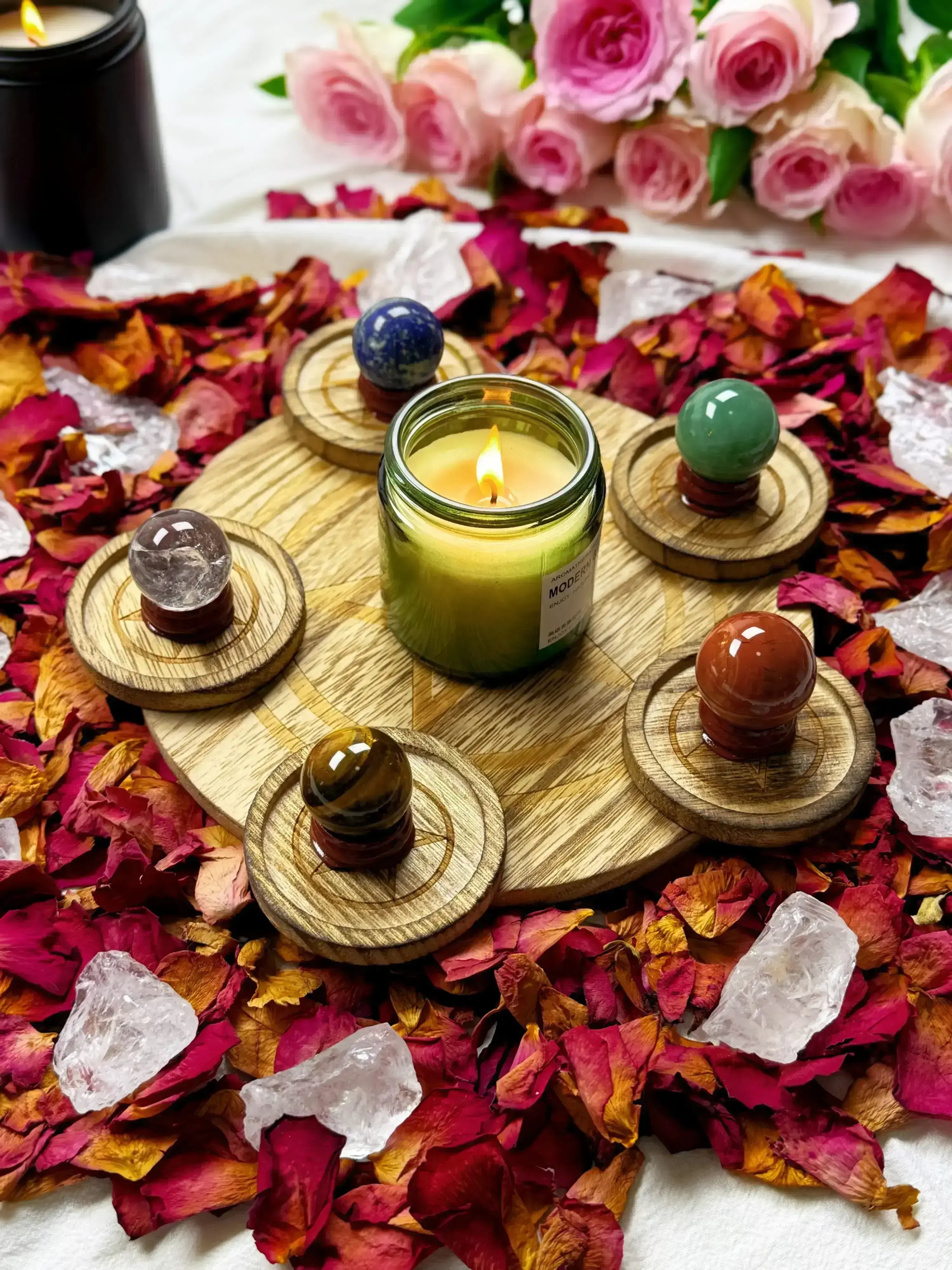 Five Elements Crystal Candle Holder Set | Wooden Candle Holders with Healing Crystals for Feng Shui Energy Balance, Meditation Decor & Spiritual Gifts