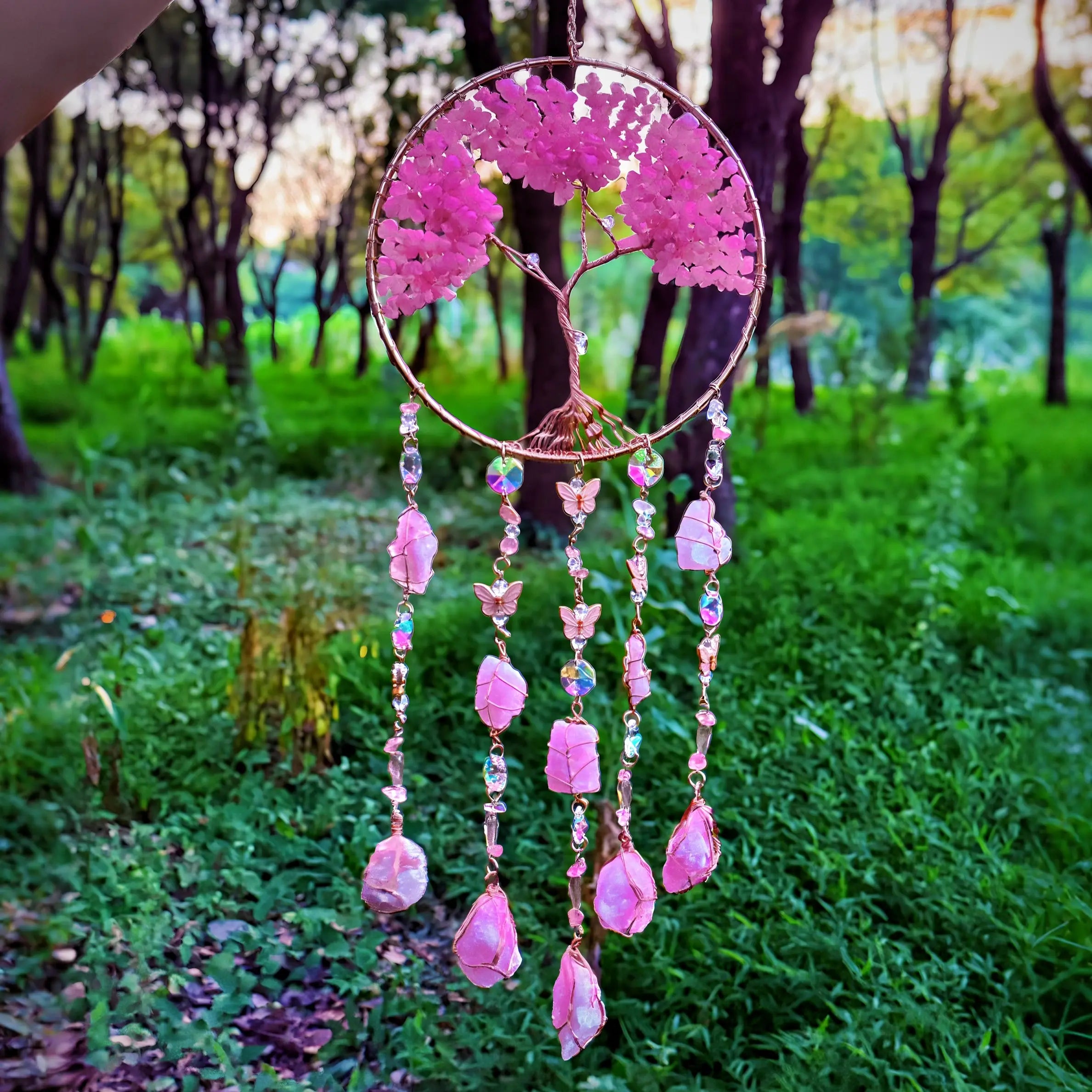 Rose Quartz Tree Crystal Suncatcher – Healing Crystal Hanging for Energy, Feminine Balance & Whimsical Home Décor