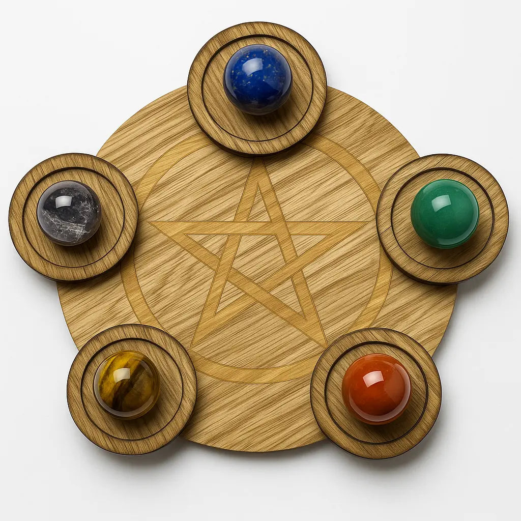 Five Elements Crystal Candle Holder Set | Wooden Candle Holders with Healing Crystals for Feng Shui Energy Balance, Meditation Decor & Spiritual Gifts