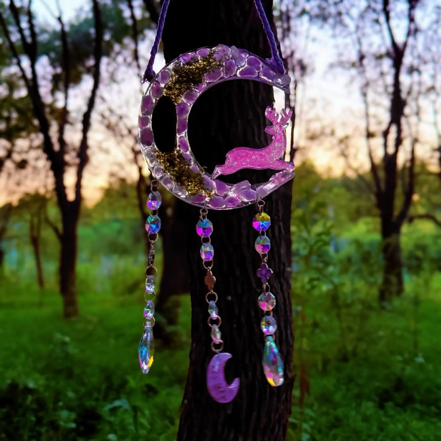 Amethyst Moon Forest Suncatcher – Whimsical Crystal Hanging for Spiritual Gifts, Healing Energy & Dreamy Home Décor